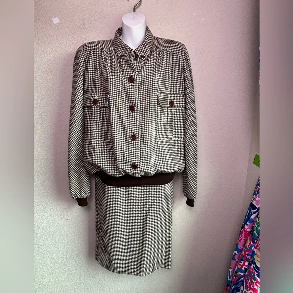 Vintage Valentino Brown Cream Houndstooth Skirt & Bomber Sweater Set 46 M L
